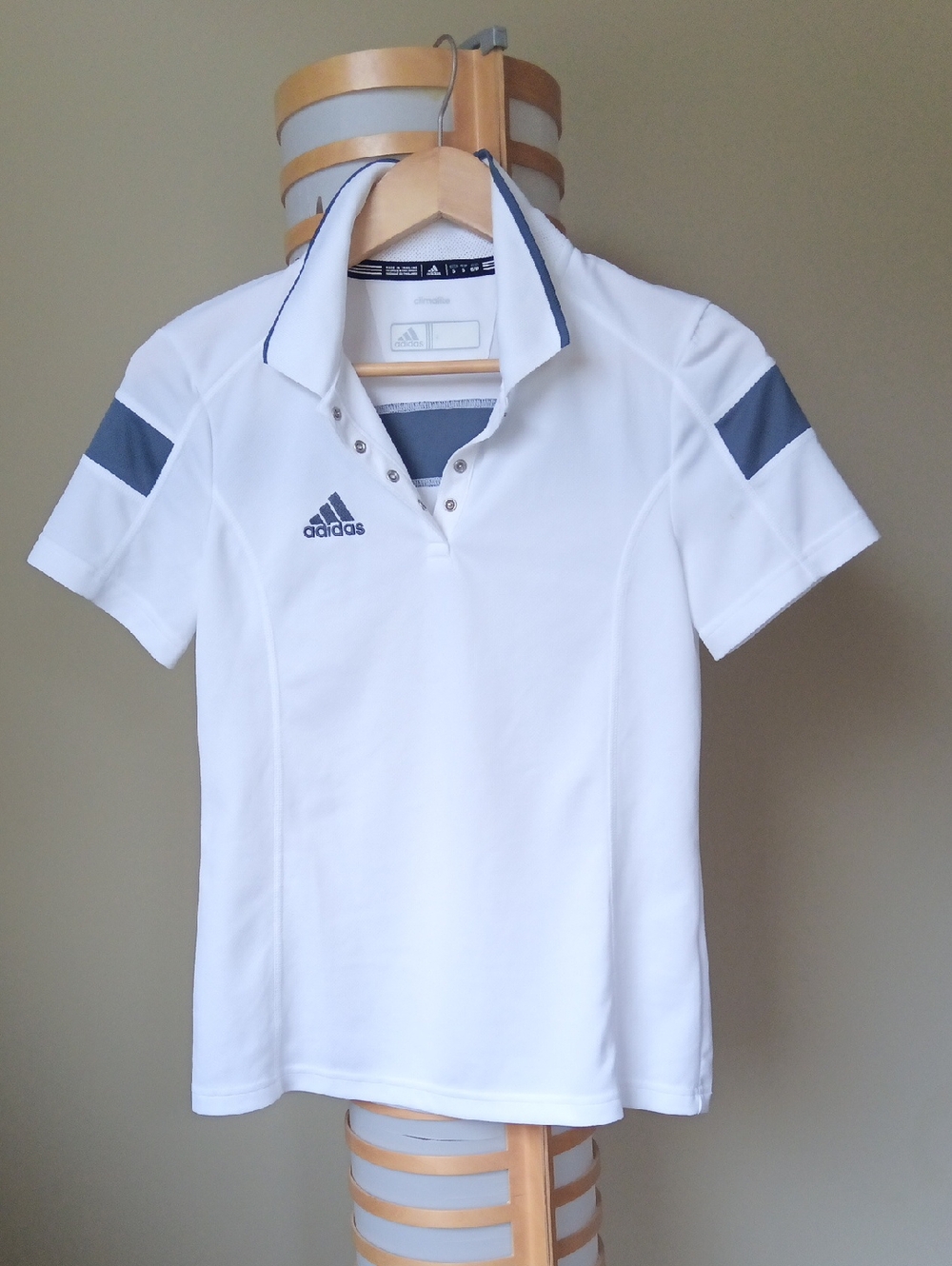 P17" L23" Adidas Women's White Polo with Gray Sleeve Panels and Trim